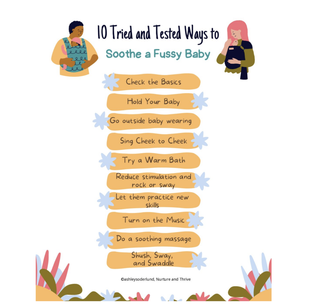 Printable checklist — 10 tried and tested ways to soothe a fussy baby during cognitive leaps and sleep regressions.