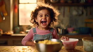 very excited young child with popcorn