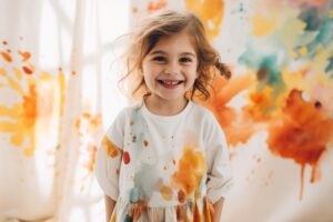 happy girl with paint on her dress and around her.