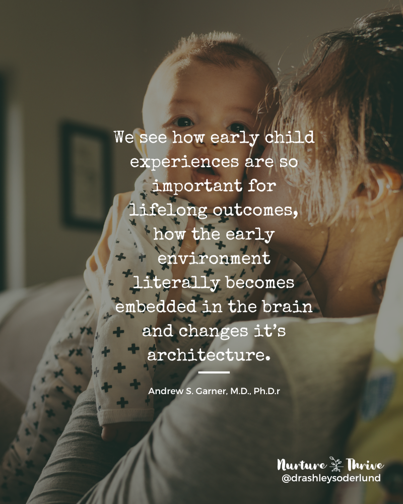 Mom kissing baby with quote in the foreground, "We see how early child experiences are so important for lifelong outcomes, how the early environment literally becomes embedded in the brain and changes it’s architecture." Andrew S. Gardner, M.D. , Ph.D.
