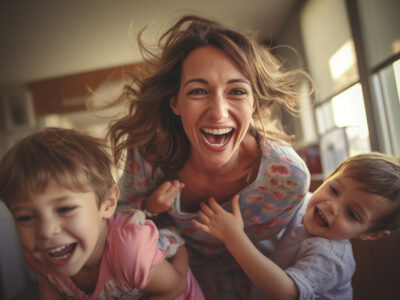 laughing mom with two laughing children having fun at home.